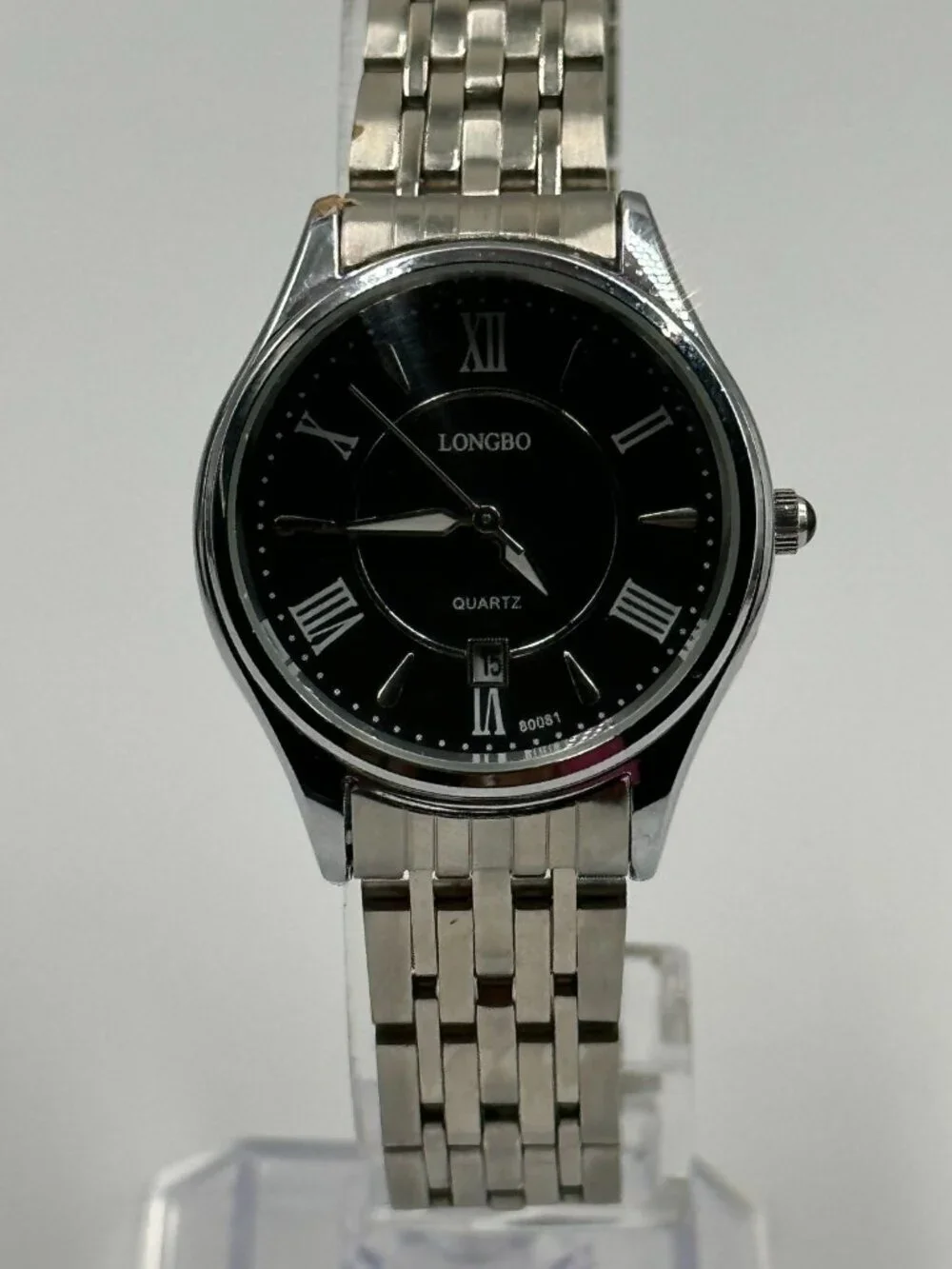 3/$30 Longbo Watch Men Silver Tone Black Dial Date Window 29MM New Battery 8”